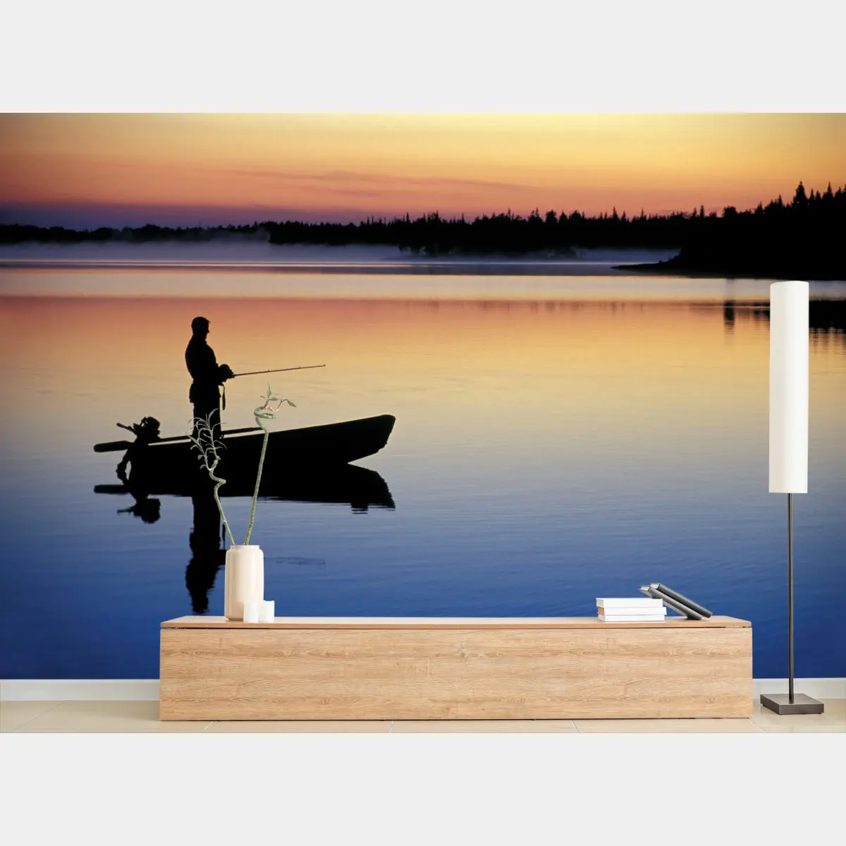 Papier peint pêche au crépuscule sur lac tranquille – Wallnifity®