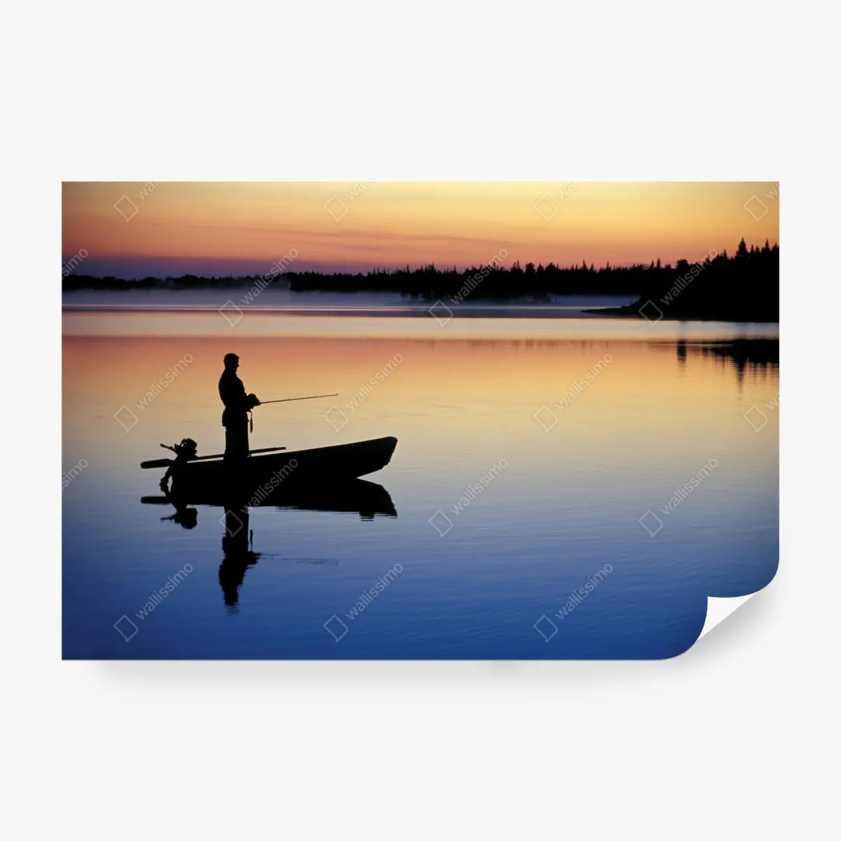 Papier peint pêche au crépuscule sur lac tranquille – Wallnifity®