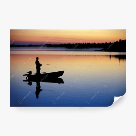 Papier peint pêche au crépuscule sur lac tranquille – Wallnifity®