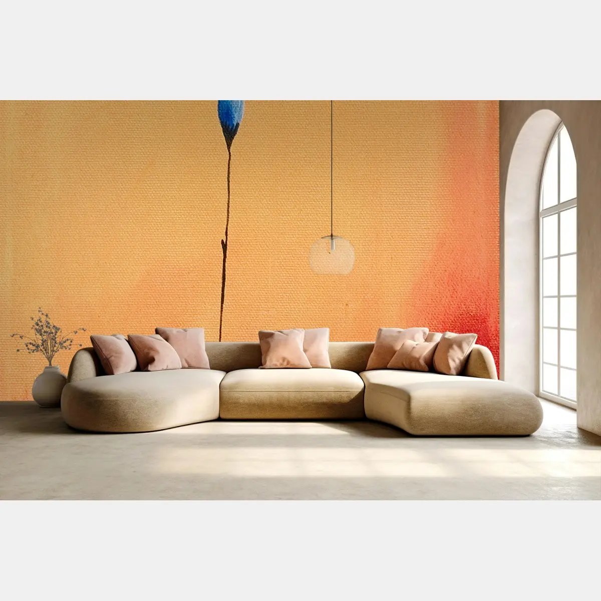 Papier peint fleur bleue minimaliste sur fond orangé – Wallnifity®