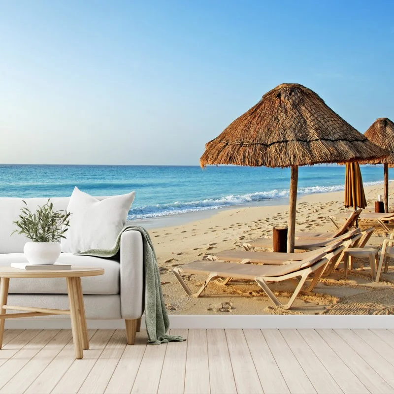Papier peint plage tranquille aux parasols en paille – Wallnifity®