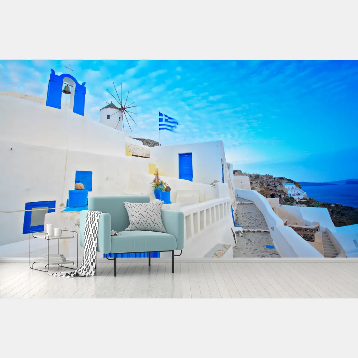 Papier peint vue emblématique de Santorin aux portes bleues – Wallnifity®