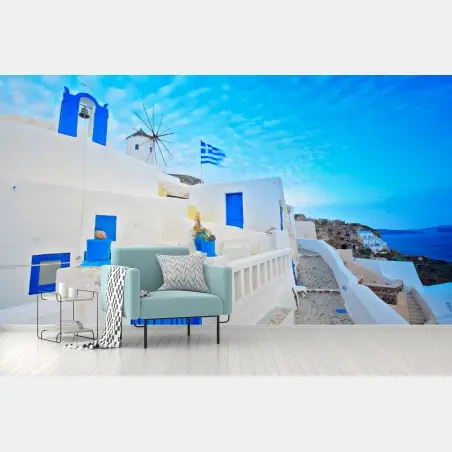 Papier peint vue emblématique de Santorin aux portes bleues – Wallnifity®