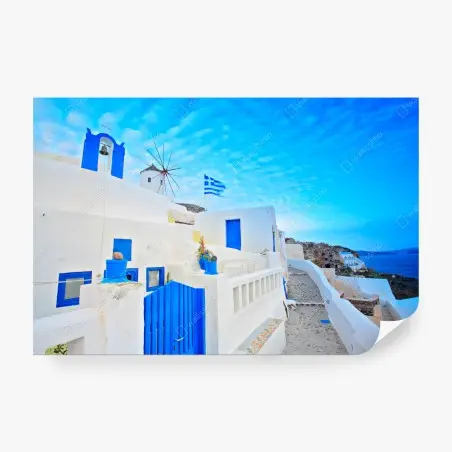 Papier peint vue emblématique de Santorin aux portes bleues – Wallnifity®