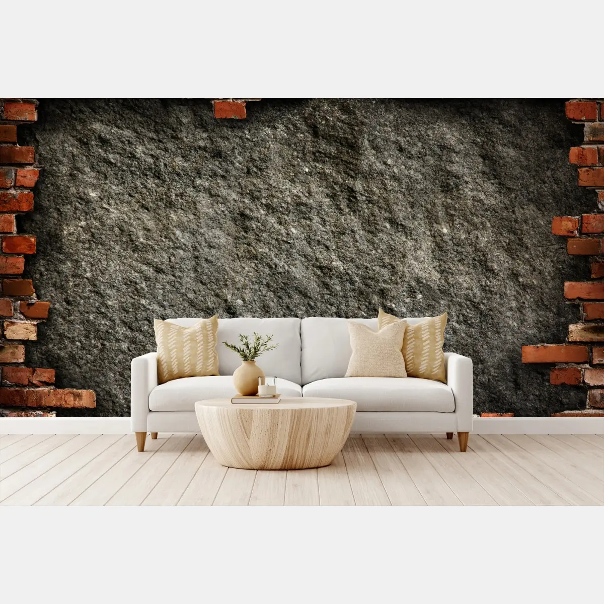Papier peint mur de béton brut encadré de briques rouges – Wallnifity®