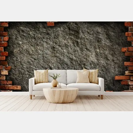 Papier peint mur de béton brut encadré de briques rouges – Wallnifity®
