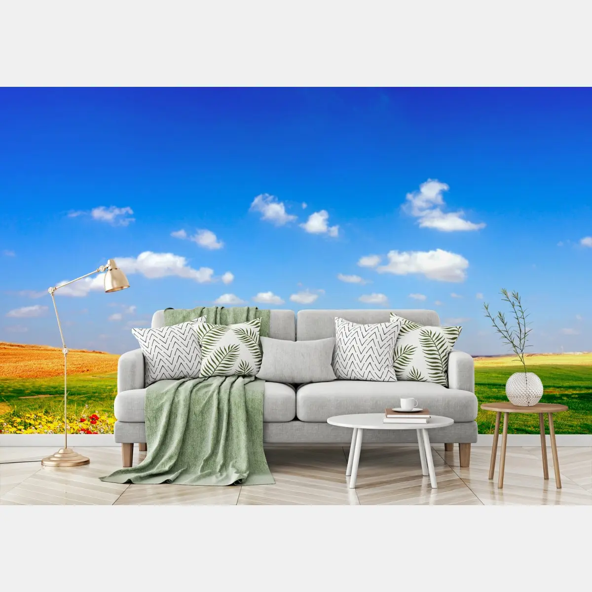 Papier peint prairie de coquelicots sous un ciel d'azur – Wallnifity®
