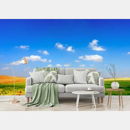 Papier peint prairie de coquelicots sous un ciel d'azur – Wallnifity®