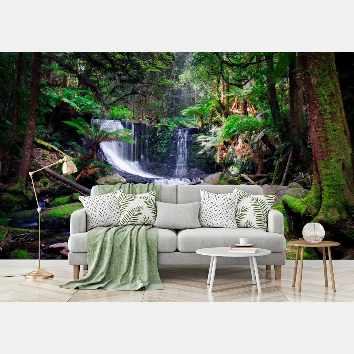 Papier peint oasis de mousse et cascade en forêt – Wallnifity®