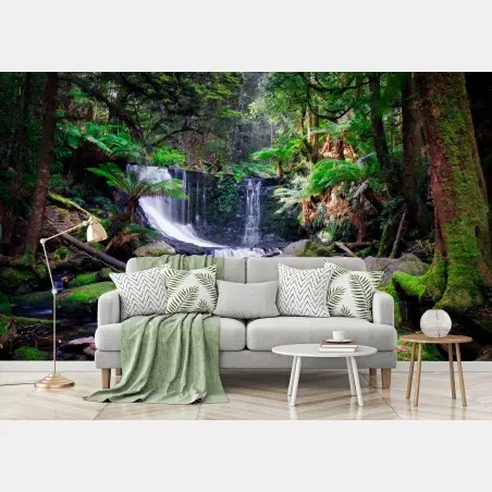Papier peint oasis de mousse et cascade en forêt – Wallnifity®