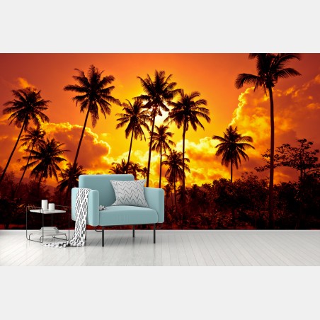 Papier peint ciel en feu et palmiers tropicaux – Wallnifity®