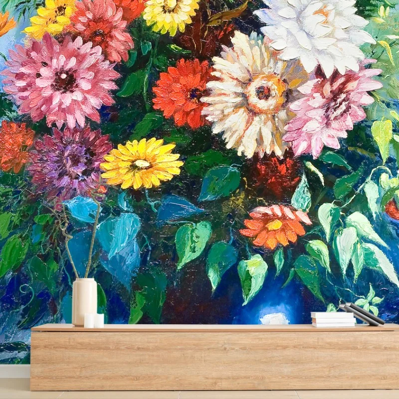 Papier peint bouquet coloré de fleurs sauvages sur fond bleu – Wallnifity® Papier peint bouquet coloré de fleurs sauvages sur fond bleu – Wallnifity®