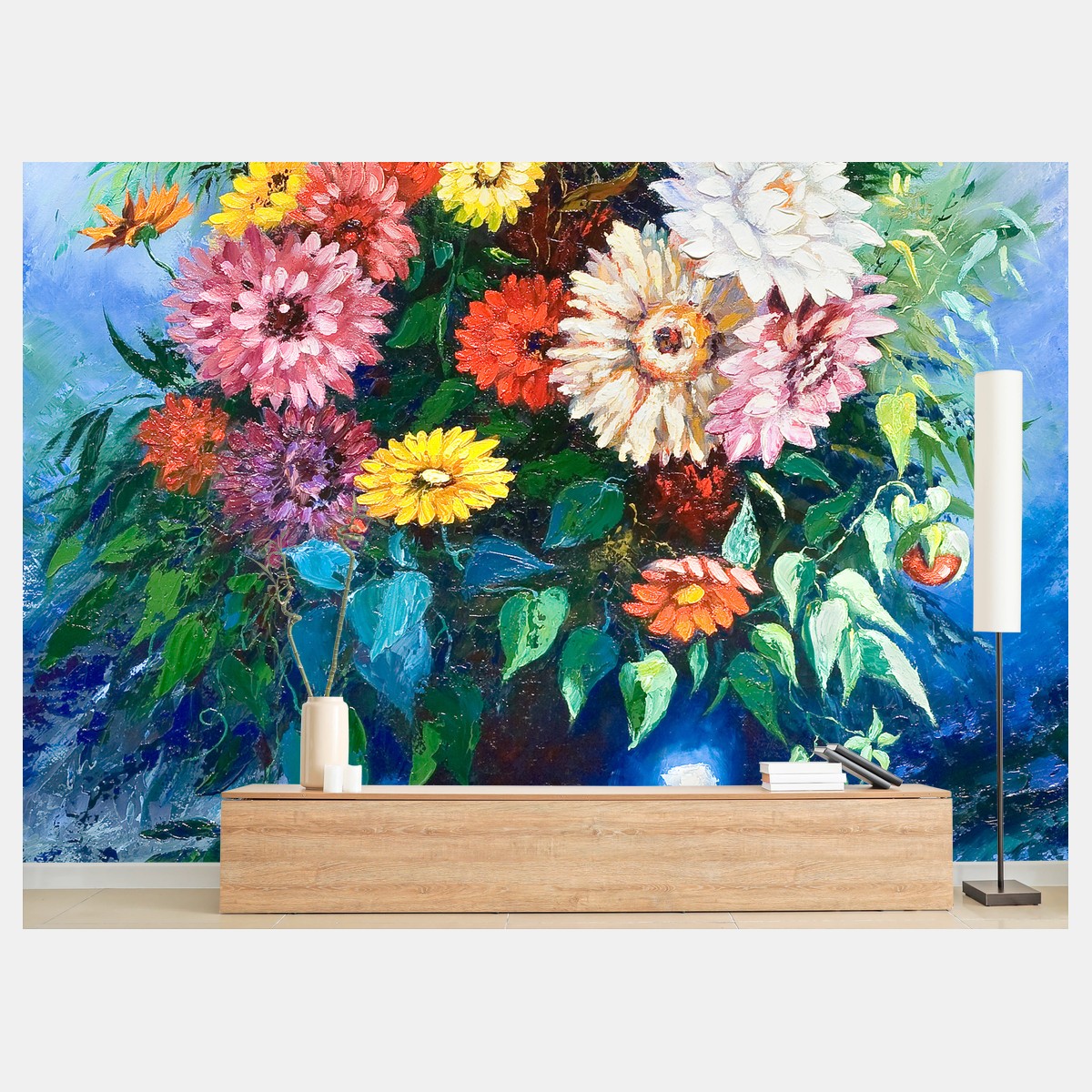 Papier peint bouquet coloré de fleurs sauvages sur fond bleu – Wallnifity® Papier peint bouquet coloré de fleurs sauvages sur fond bleu – Wallnifity®