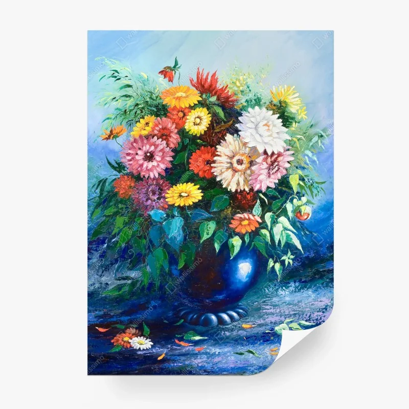 Papier peint bouquet coloré de fleurs sauvages sur fond bleu – Wallnifity® Papier peint bouquet coloré de fleurs sauvages sur fond bleu – Wallnifity®