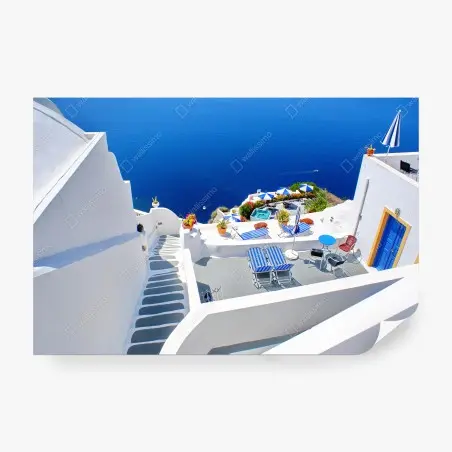 Papier peint terrasse blanche surplombant la mer à Santorin – Wallnifity®