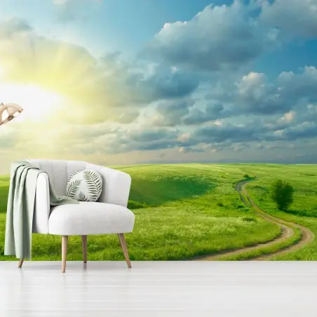 Papier peint route sinueuse au cœur d'une prairie verdoyante – Wallnifity®