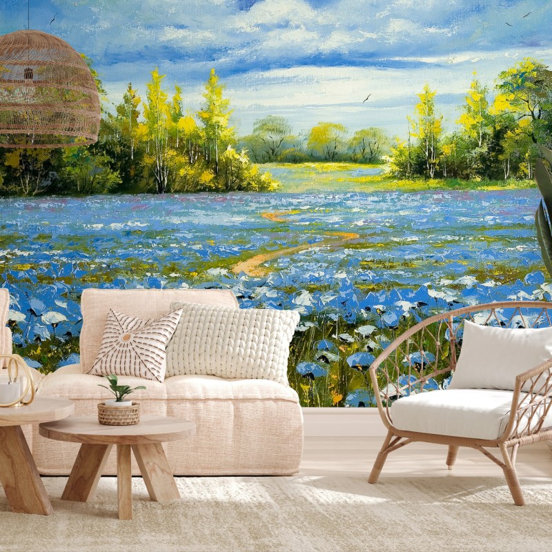 Papier peint chemin dans un champ de bleuets en fleurs – Wallnifity® Papier peint chemin dans un champ de bleuets en fleurs – Wallnifity®