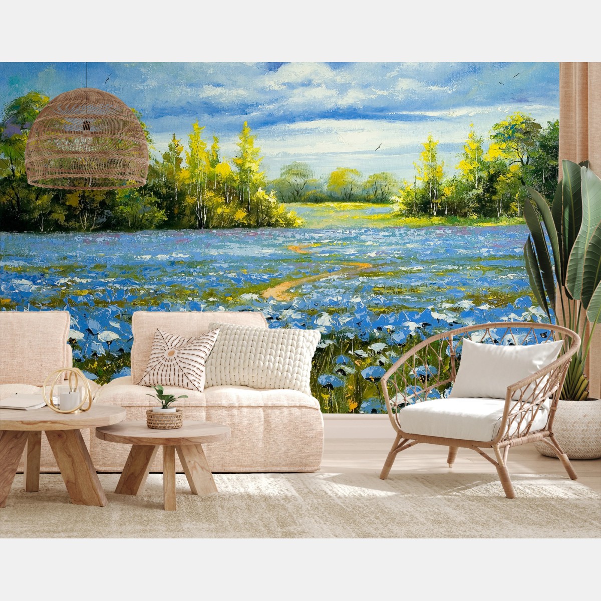 Papier peint chemin dans un champ de bleuets en fleurs – Wallnifity® Papier peint chemin dans un champ de bleuets en fleurs – Wallnifity®