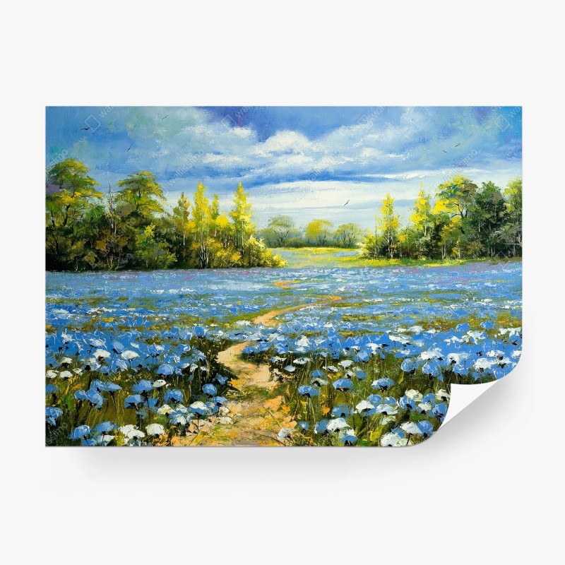 Papier peint chemin dans un champ de bleuets en fleurs – Wallnifity® Papier peint chemin dans un champ de bleuets en fleurs – Wallnifity®