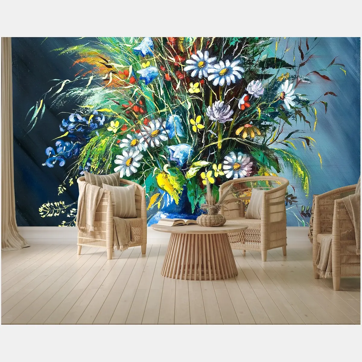 Papier peint bouquet champêtre éclatant sur fond bleu – Wallnifity®