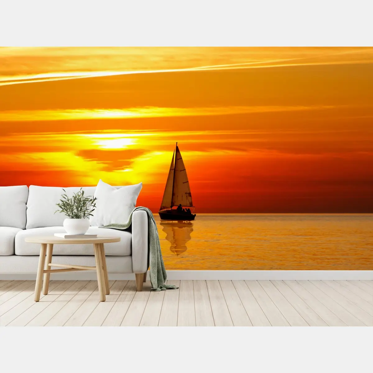 Papier peint voilier au coucher de soleil sur la mer calme – Wallnifity®