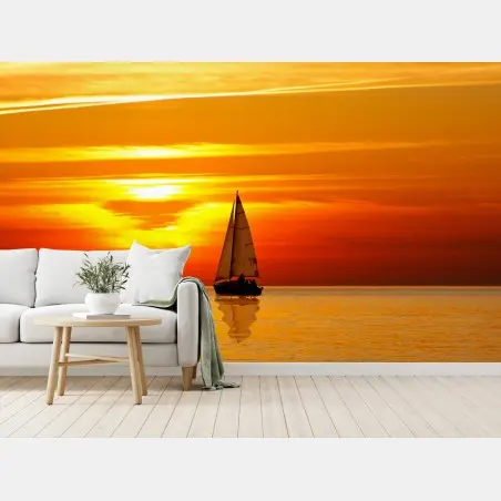 Papier peint voilier au coucher de soleil sur la mer calme – Wallnifity®