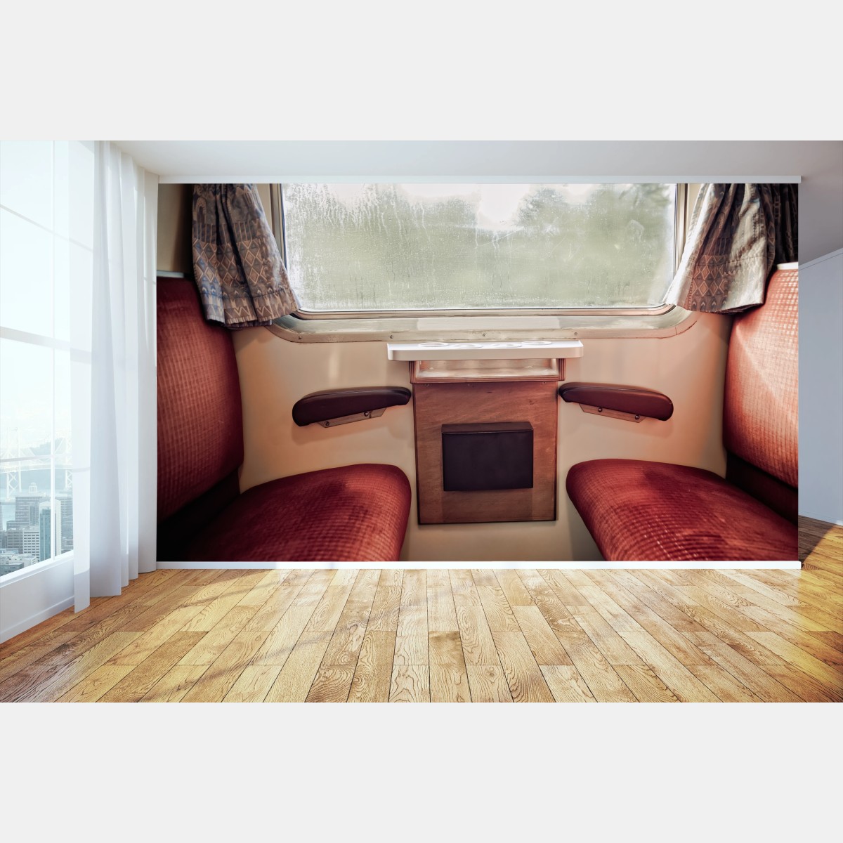 Papier peint calme rétro : cabine de train sous la pluie – Wallnifity®