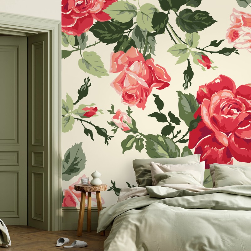 Papier peint motif de roses vintage sur fond crème – Wallnifity®
