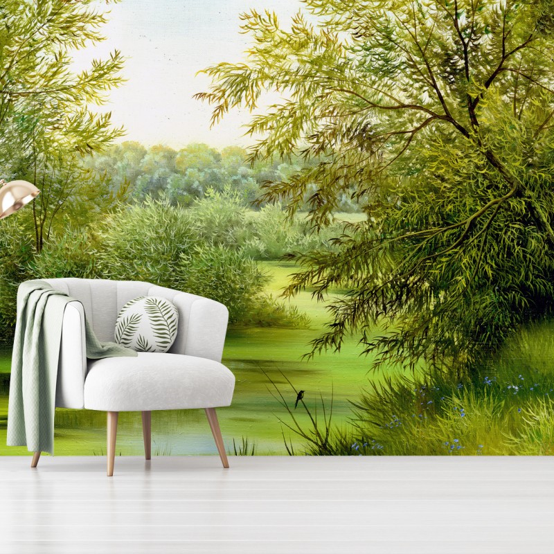 Papier peint paysage d'étang verdoyant – Wallnifity®