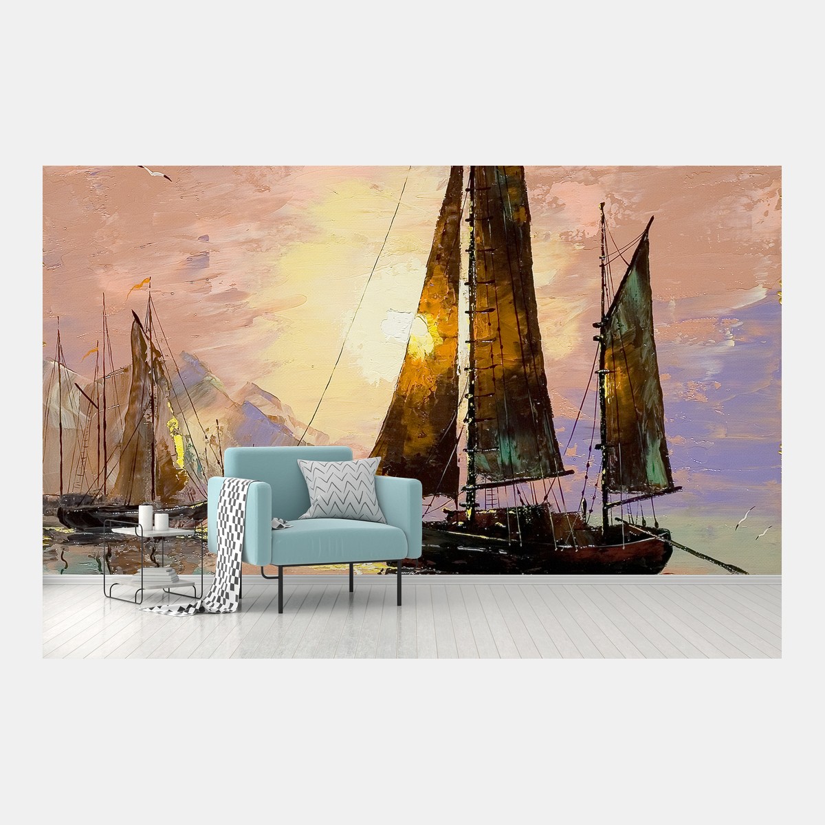 Papier peint voiliers au coucher du soleil sur la mer – Wallnifity®