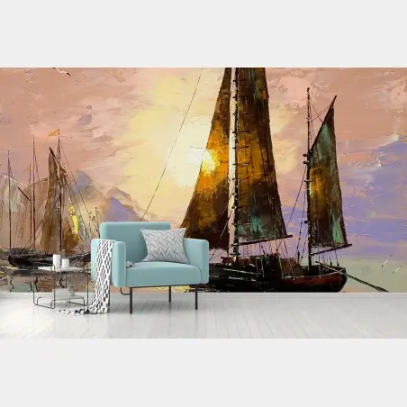 Papier peint voiliers au coucher du soleil sur la mer – Wallnifity®