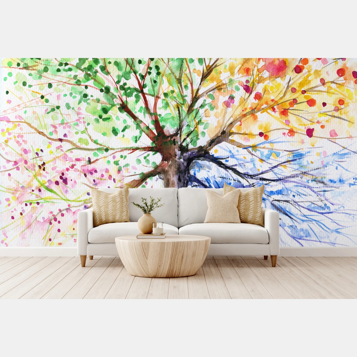 Papier peint arbre des quatre saisons en aquarelle – Wallnifity®