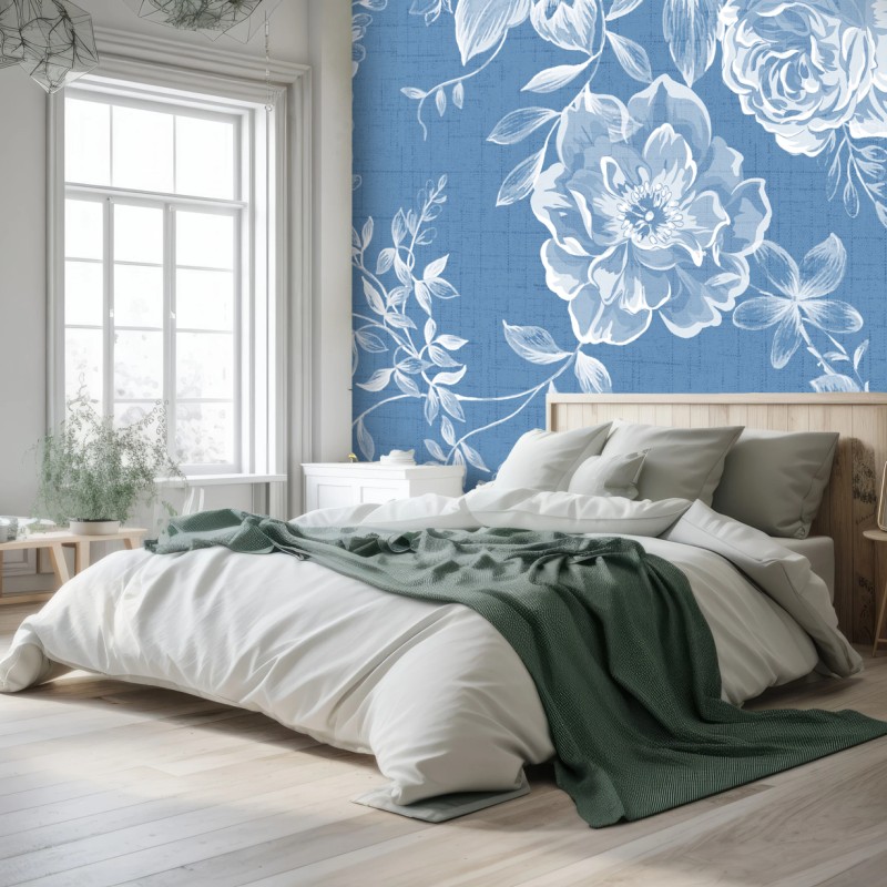 Papier peint motif floral bleu vintage élégant – Wallnifity®