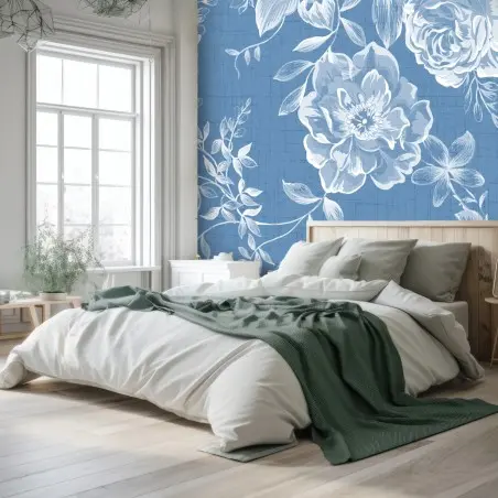 Papier peint motif floral bleu vintage élégant – Wallnifity®
