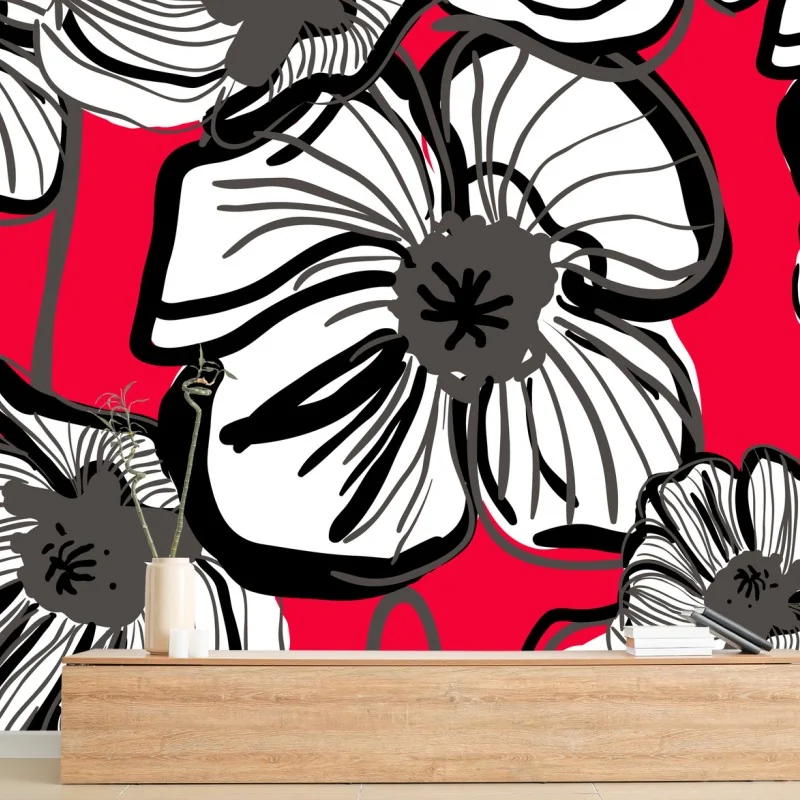 Papier peint pavots graphiques sur fond rouge – Wallnifity®