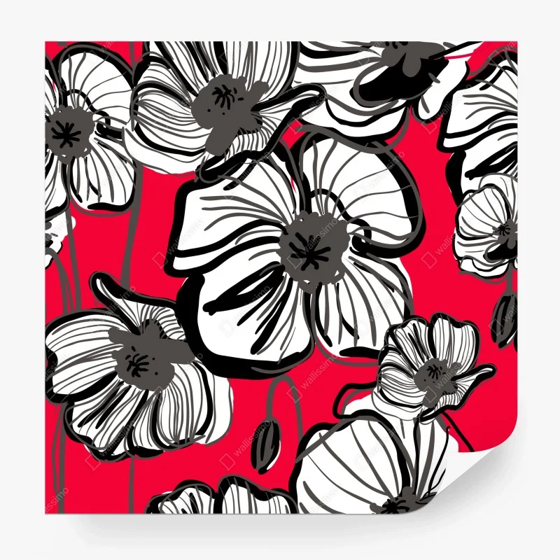 Papier peint pavots graphiques sur fond rouge – Wallnifity®