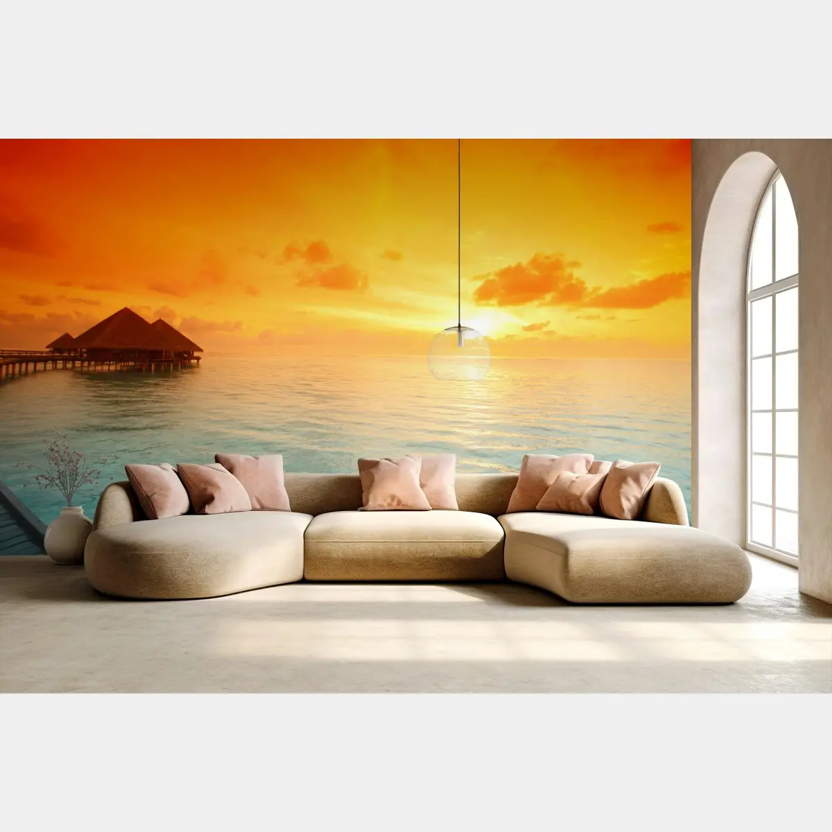 Papier peint coucher de soleil tropical au-dessus du lagon – Wallnifity®