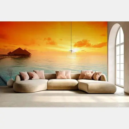 Papier peint coucher de soleil tropical au-dessus du lagon – Wallnifity®