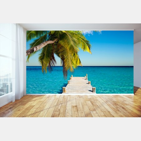 Papier peint ponton tropical au bord de l'eau turquoise – Wallnifity®