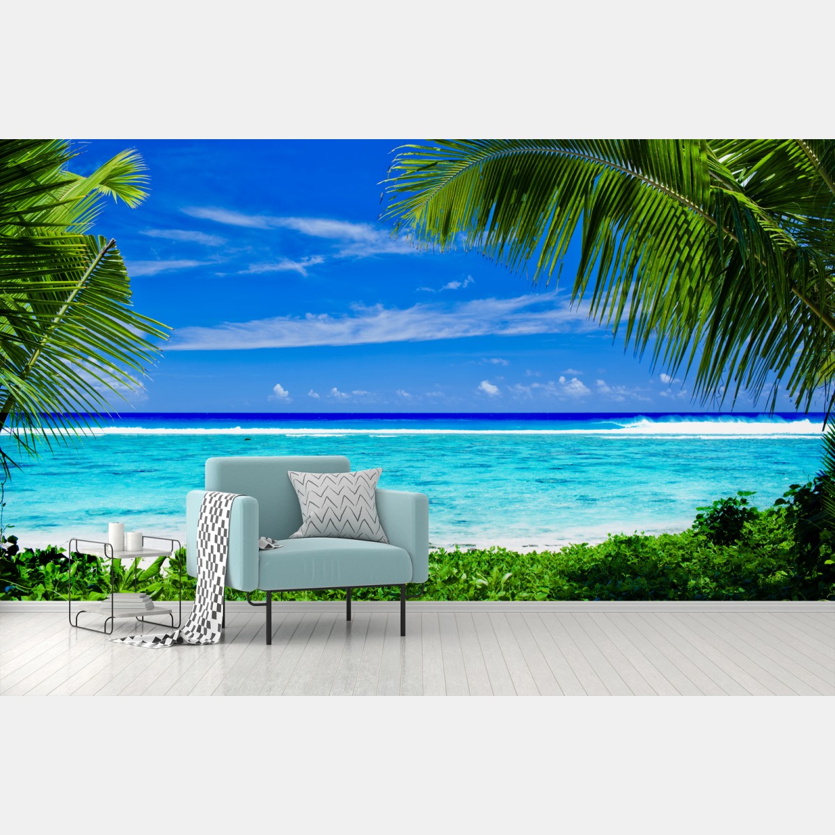 Papier peint lagon paradisiaque encadré de palmiers – Wallnifity®