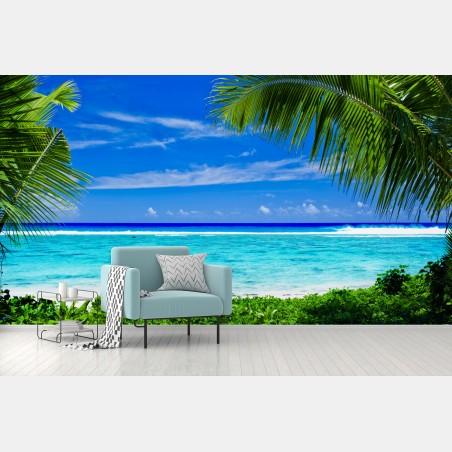 Papier peint lagon paradisiaque encadré de palmiers – Wallnifity®