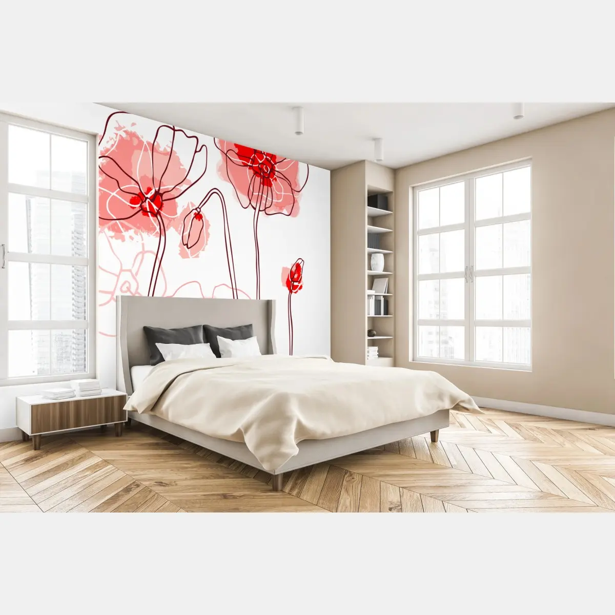 Papier peint coquelicots aquarelle minimalistes pour décoration murale – Wallnifity®