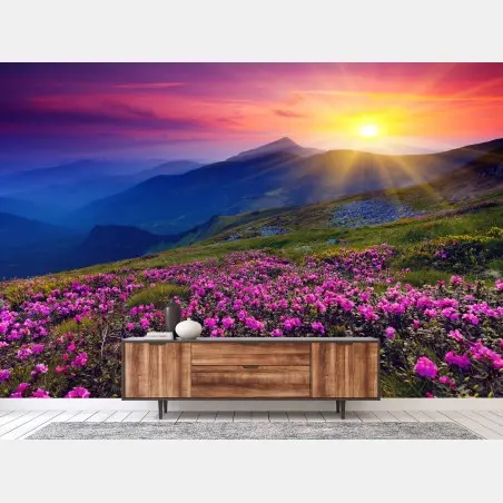 Papier peint prairie de rhododendrons au coucher du soleil – Wallnifity®