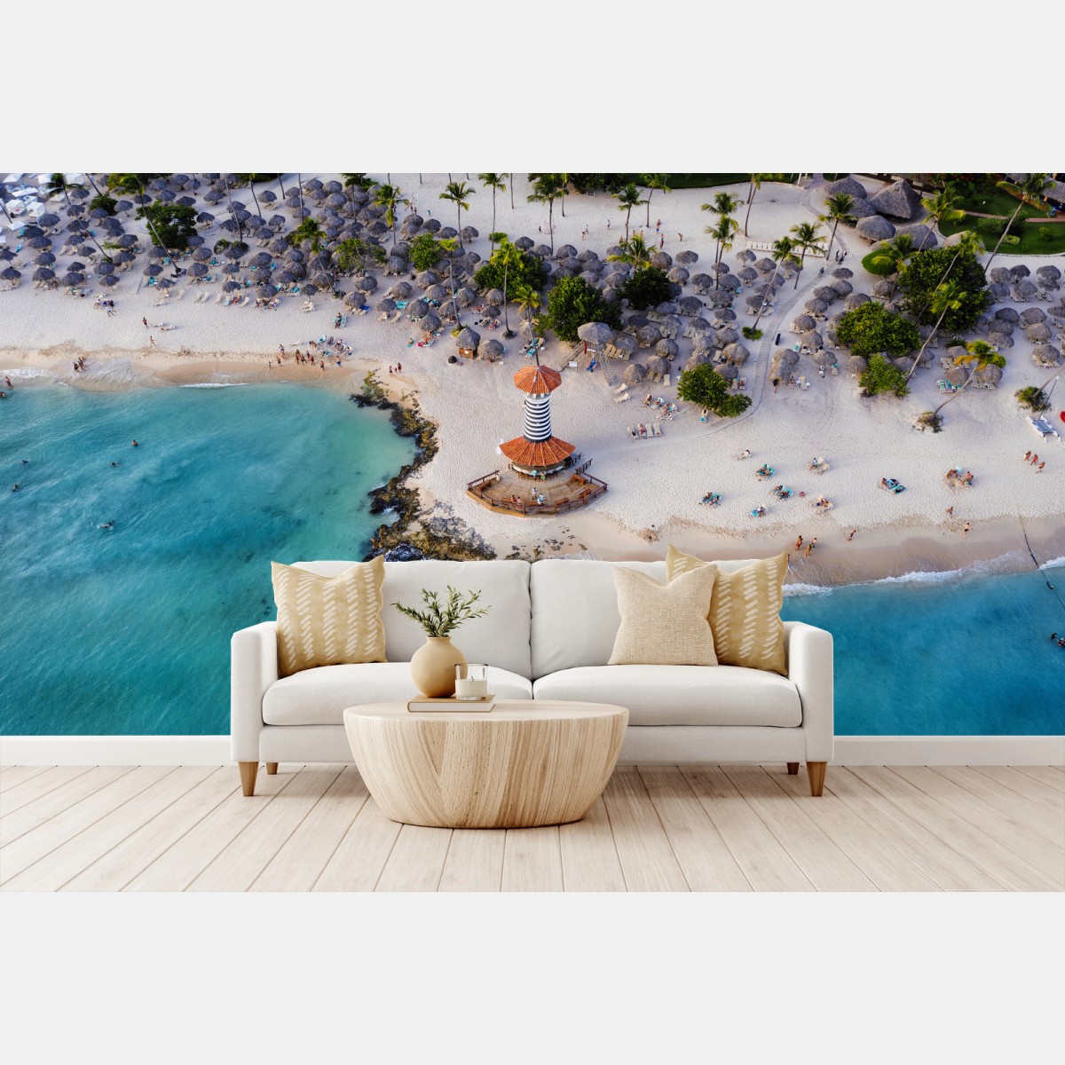 Papier peint phare côtier sur plage tropicale vue aérienne – Wallnifity®