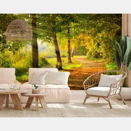 Papier peint sentier d'automne baigné de lumière dorée – Wallnifity®