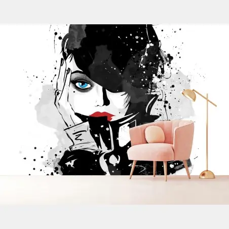 Papier peint portrait encre et aquarelle au regard bleu – Wallnifity®