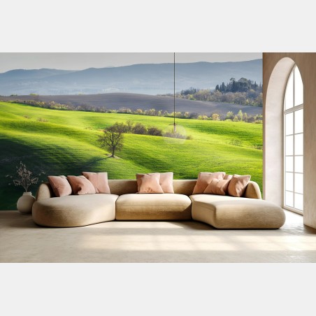 Papier peint Toscane: collines verdoyantes au lever du soleil – Wallnifity®