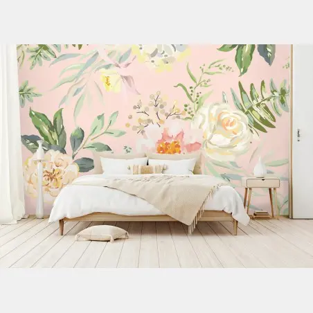 Papier peint motif floral aquarelle sur fond rose – Wallnifity®