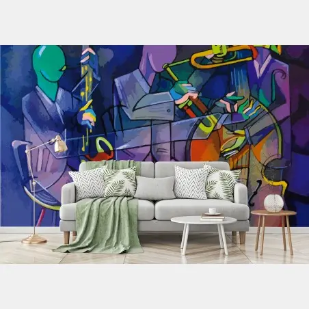 Papier peint trio jazz cubiste aux couleurs vives – Wallnifity®