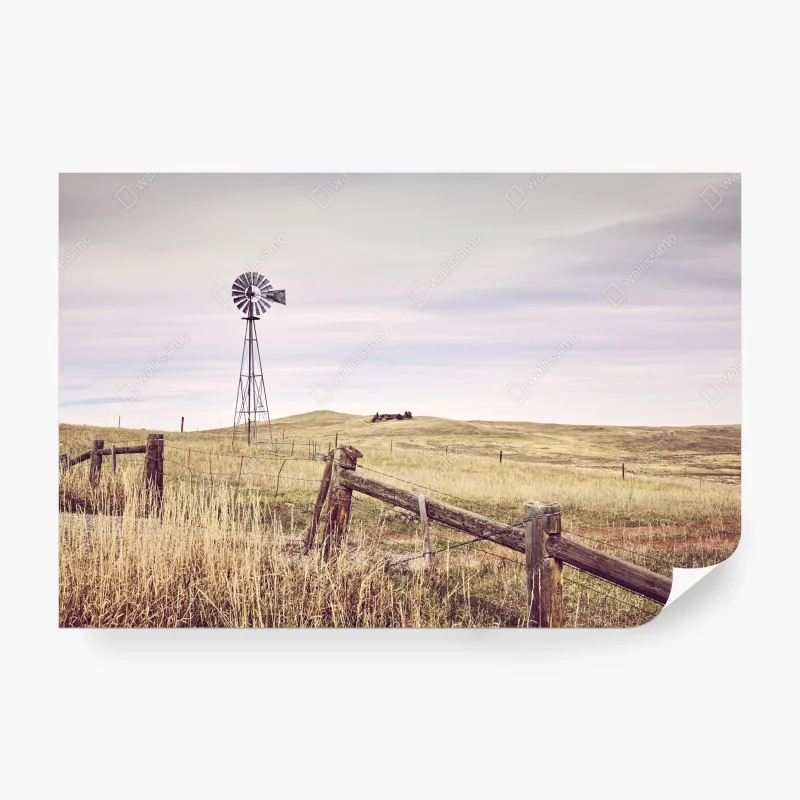 Papier peint moulin à vent solitaire sur la plaine dorée – Wallnifity® Papier peint moulin à vent solitaire sur la plaine dorée – Wallnifity®